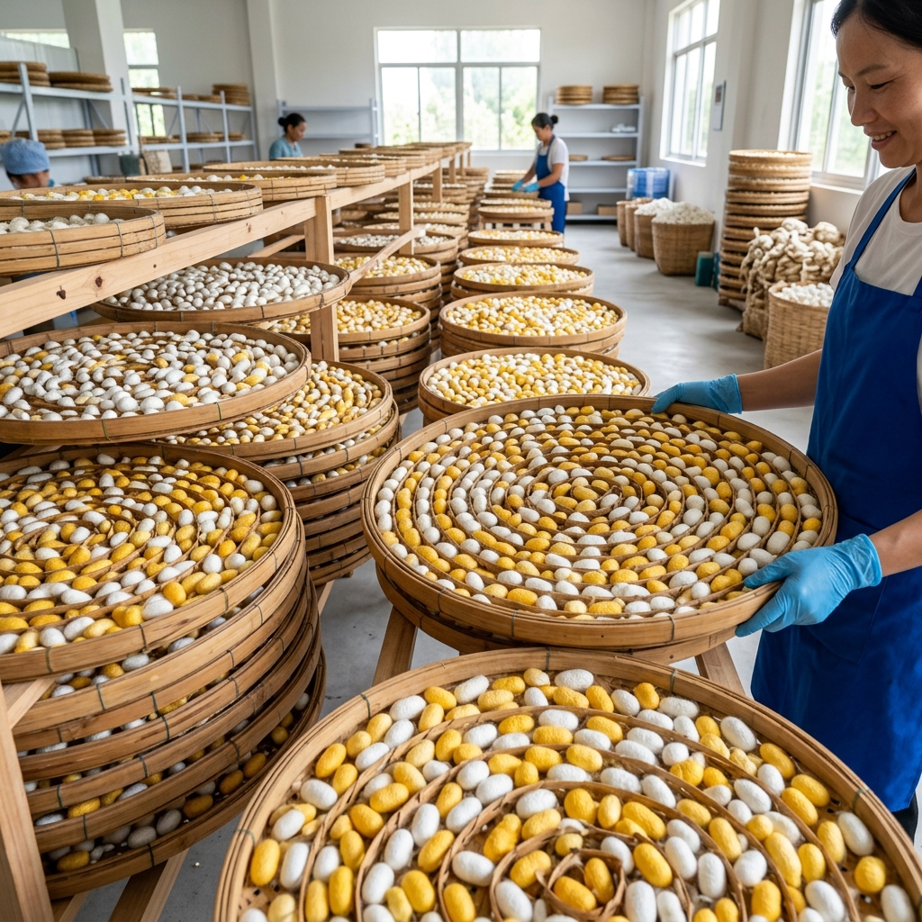 Workers sorting golden and white silk cocoons in a processing unit