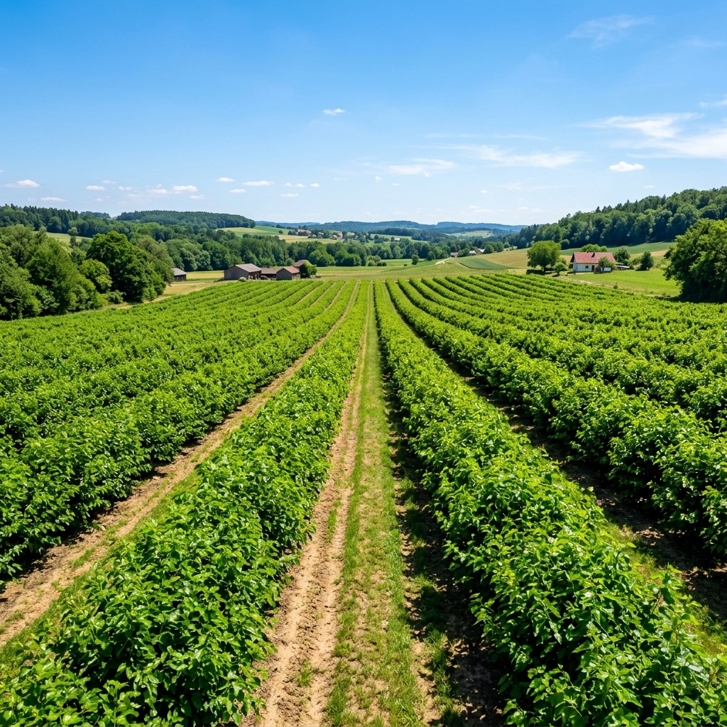 Rows of healthy mulberry cultivation under blue sky