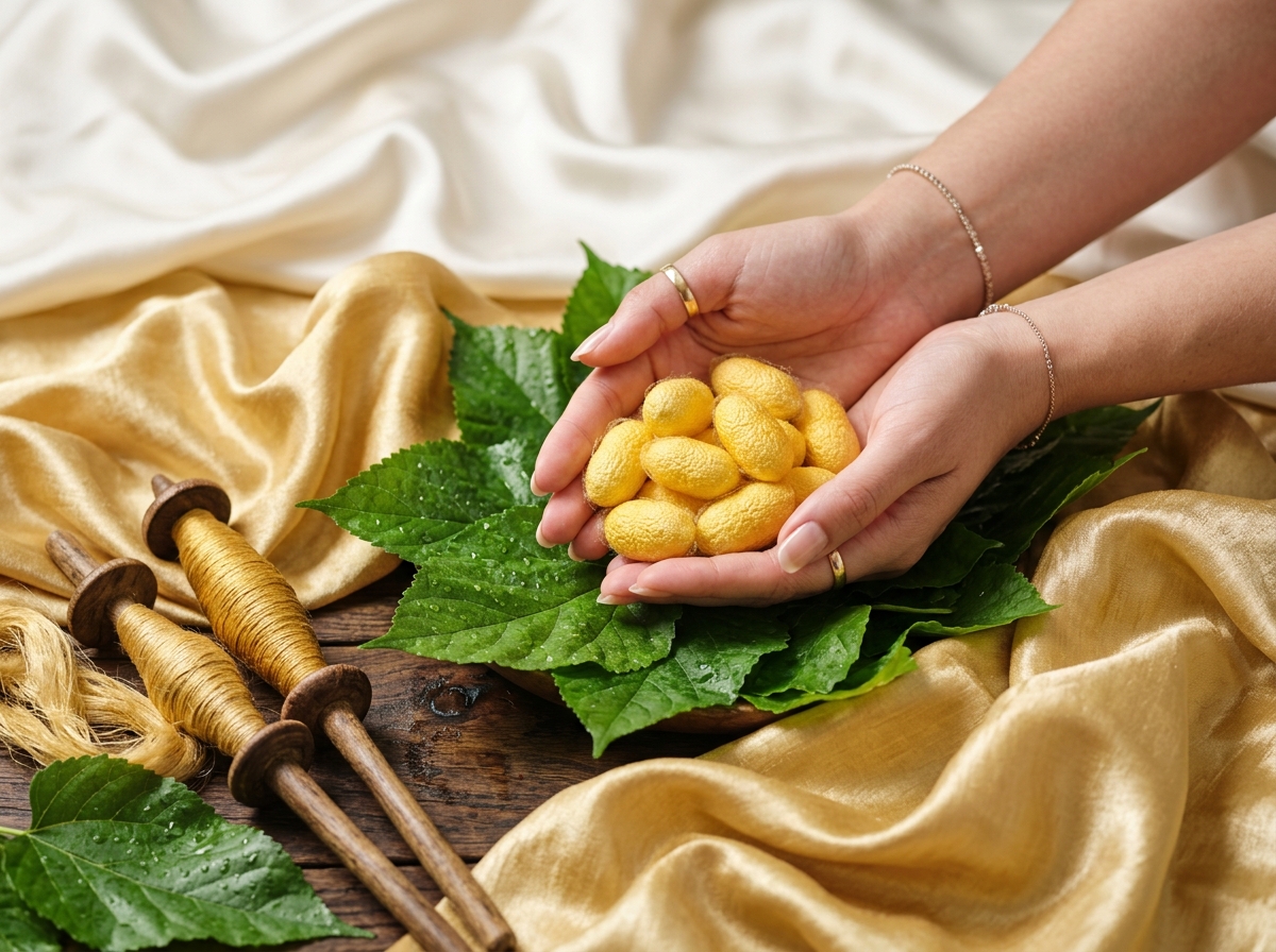 Golden silk cocoons cradled in hands over mulberry leaves and gold silk thread