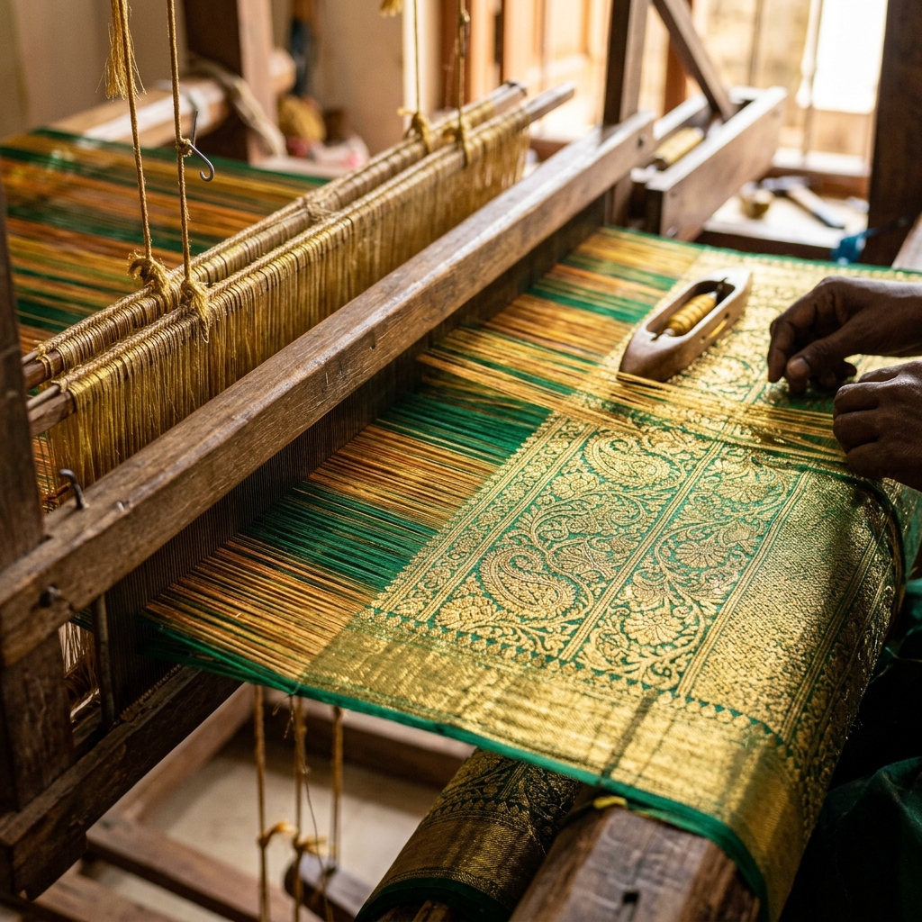 Artisan hand-weaving a gold and green silk saree on a traditional loom