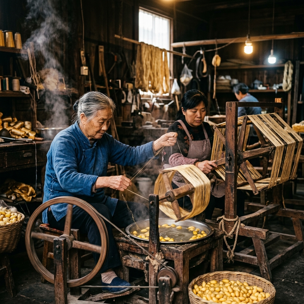 Artisans reeling silk thread from cocoons on a traditional wooden machine
