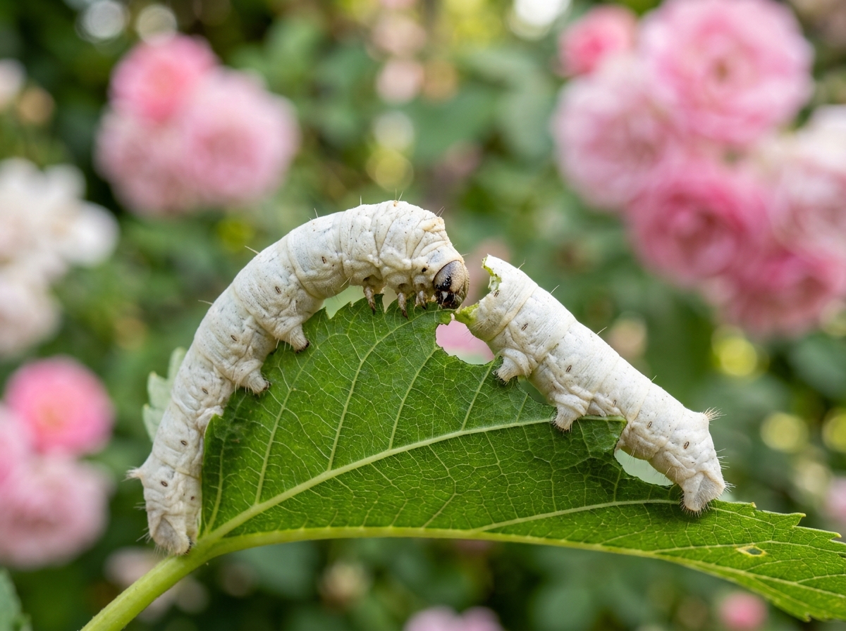 Silkworm resting on a fresh green mulberry leaf beside pink flowers