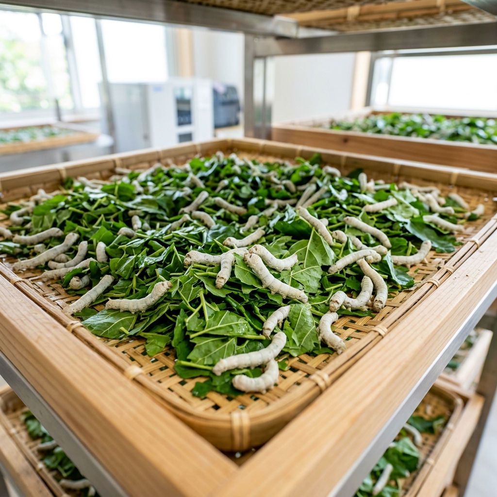 Silkworms feeding on fresh mulberry leaves in rearing trays